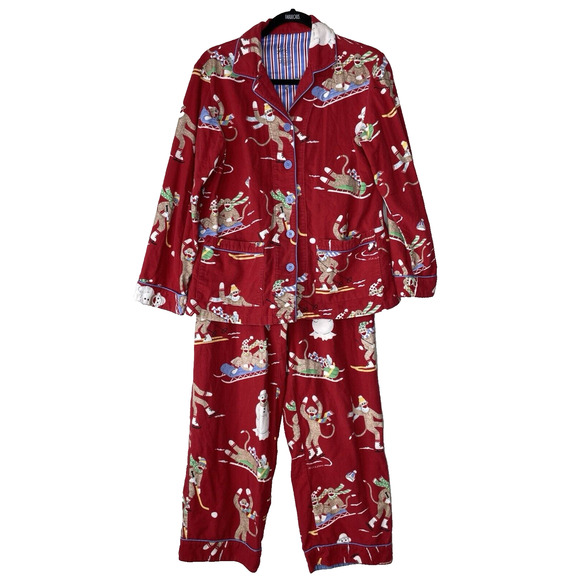Nick Nora Pajama Set Flannel Small Red Sock Monkey Winter Skiing Holiday Hockey